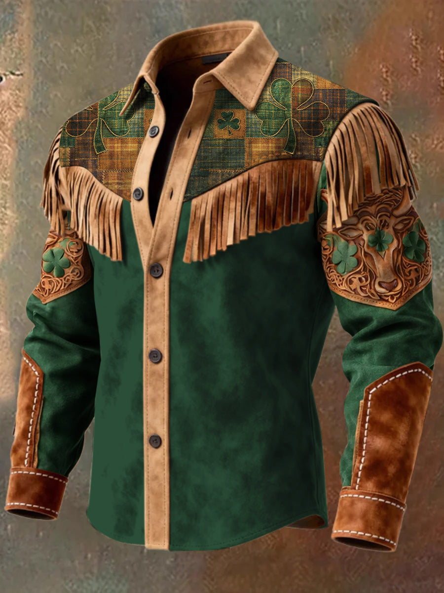 Men's Retro St. Patrick Western Style Art Print Vintage Tassel Casual Long Sleeve Shirt